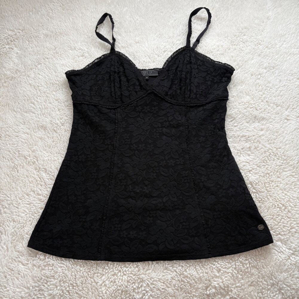 Guess Womens Y2K Black Floral Lace Babydoll Tank Top M Whimsygoth Emo Grunge